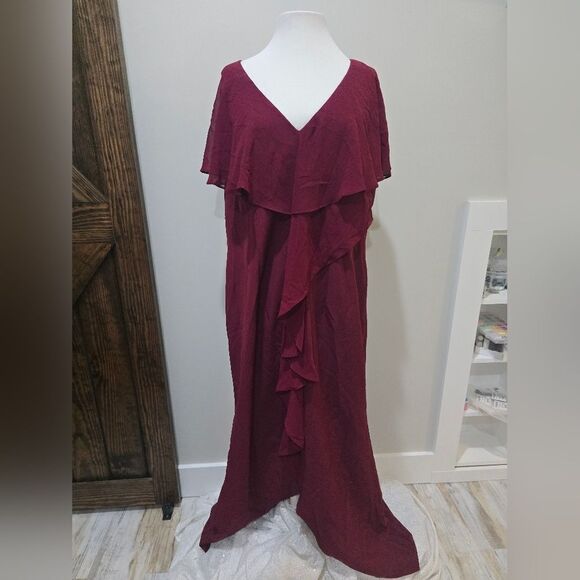Adrianna Papell Women's Flutter-Sleeve Crepe Ruffled Gown NWOT size 14W Cabernet - Picture 3 of 5